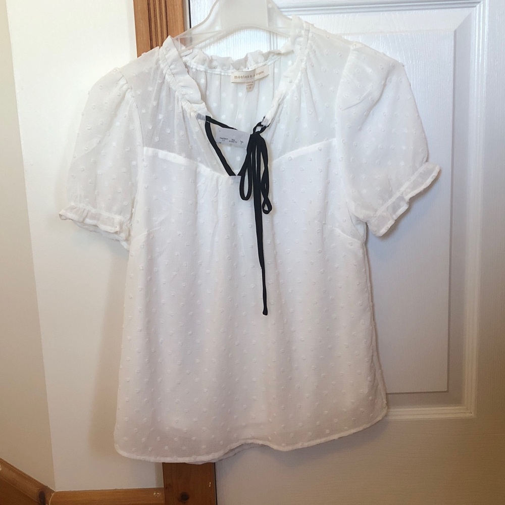 White Swiss Dot Blouse with Black Tie